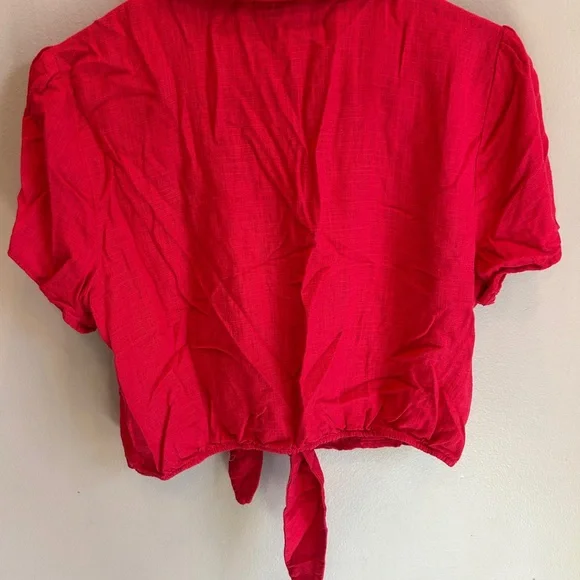Tie-Front Red Women's Button-Up Top - Picture 3 of 3